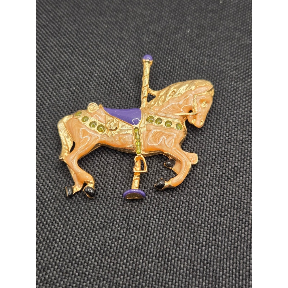 Vintage Carousel Horse Brooch Gold Tone Enamel Rhinestone Carnival Pin